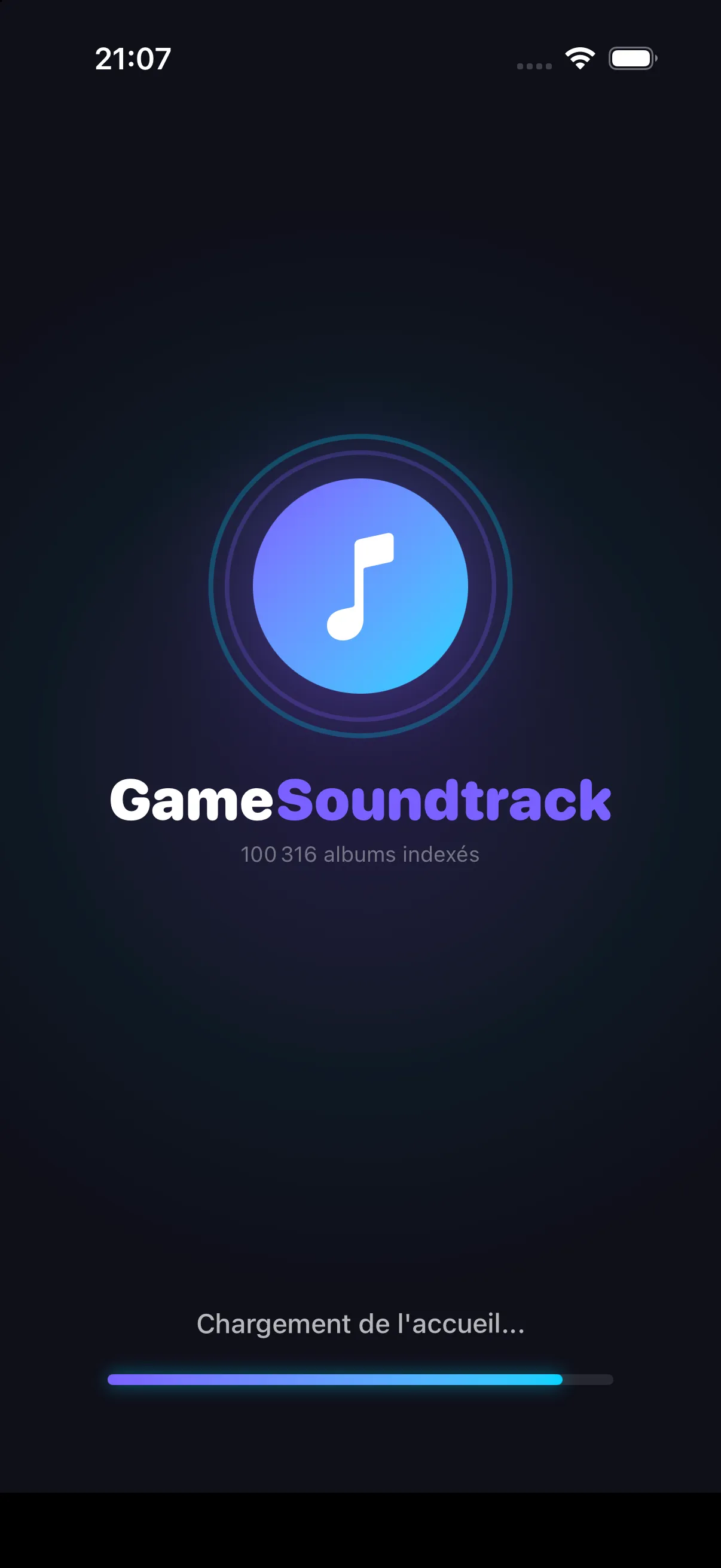 Écran de chargement : 100 316 albums indexés.