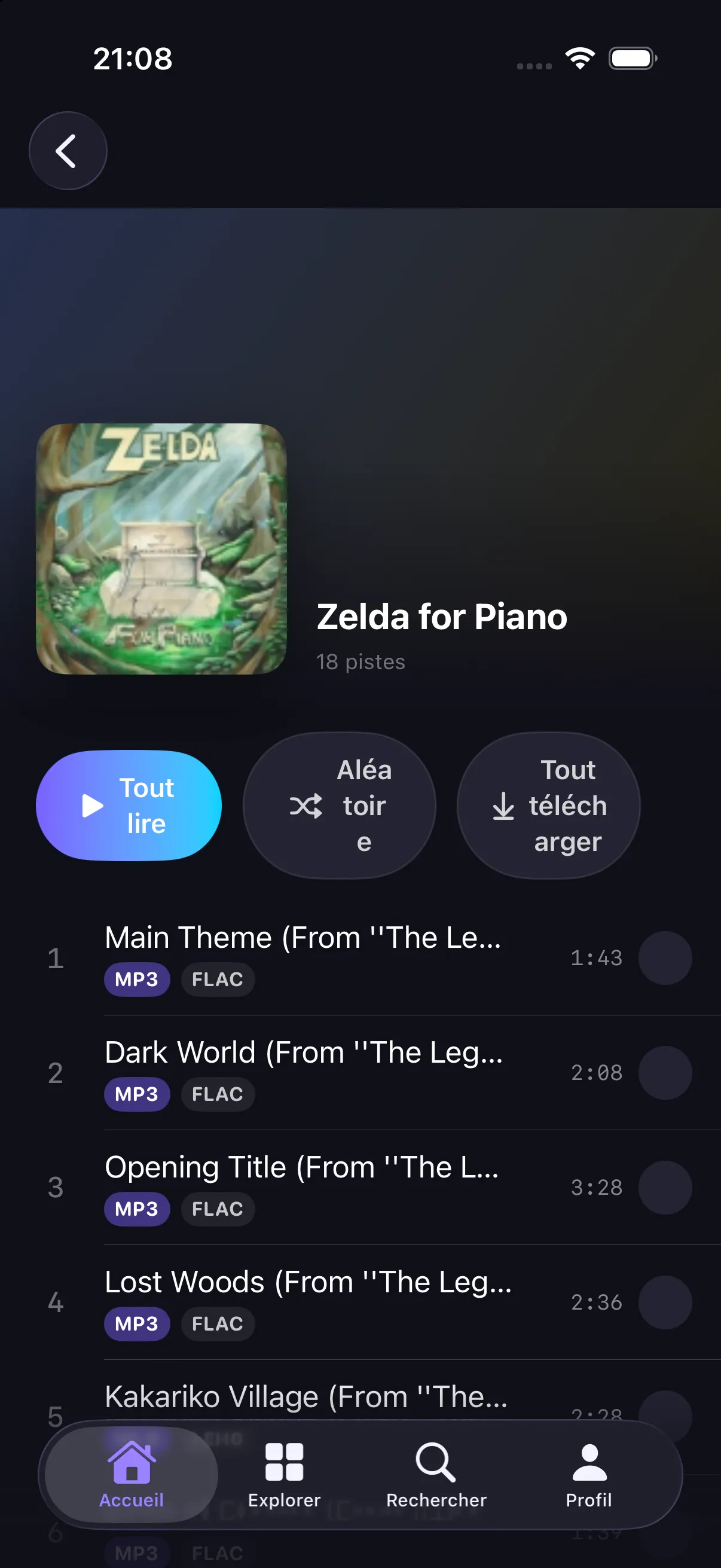 Page d’un album avec la liste des pistes.
