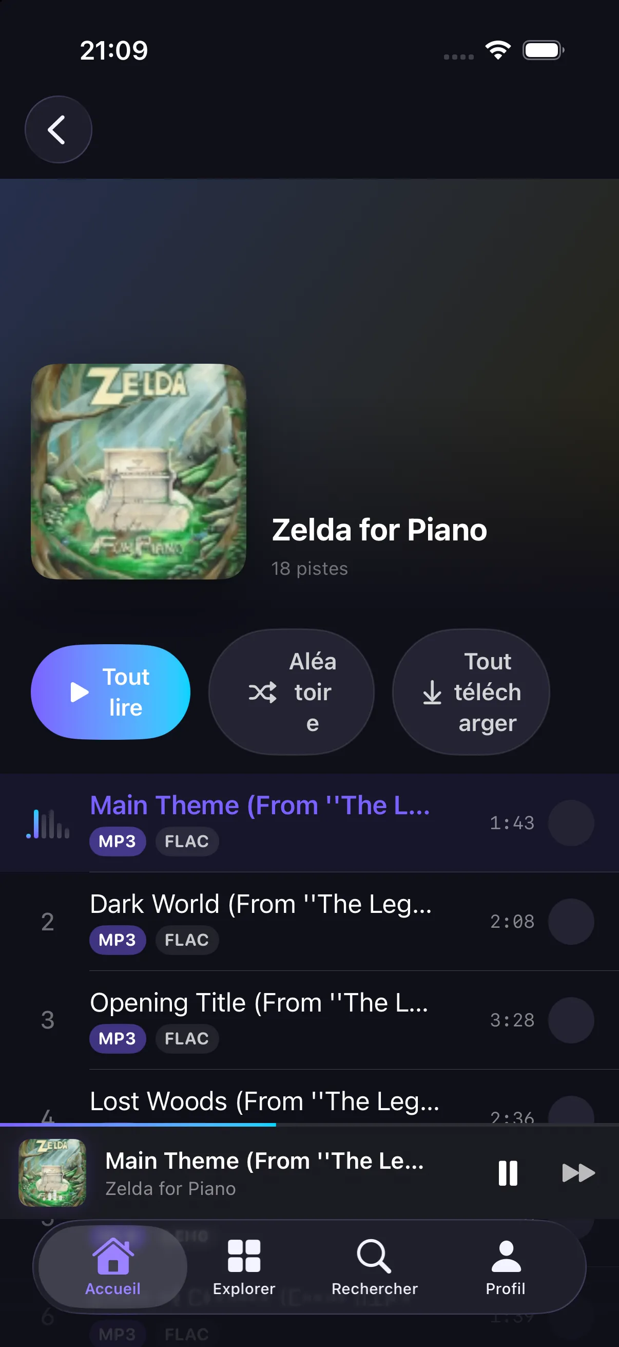 Page d’album avec le mini-lecteur en bas d’écran.