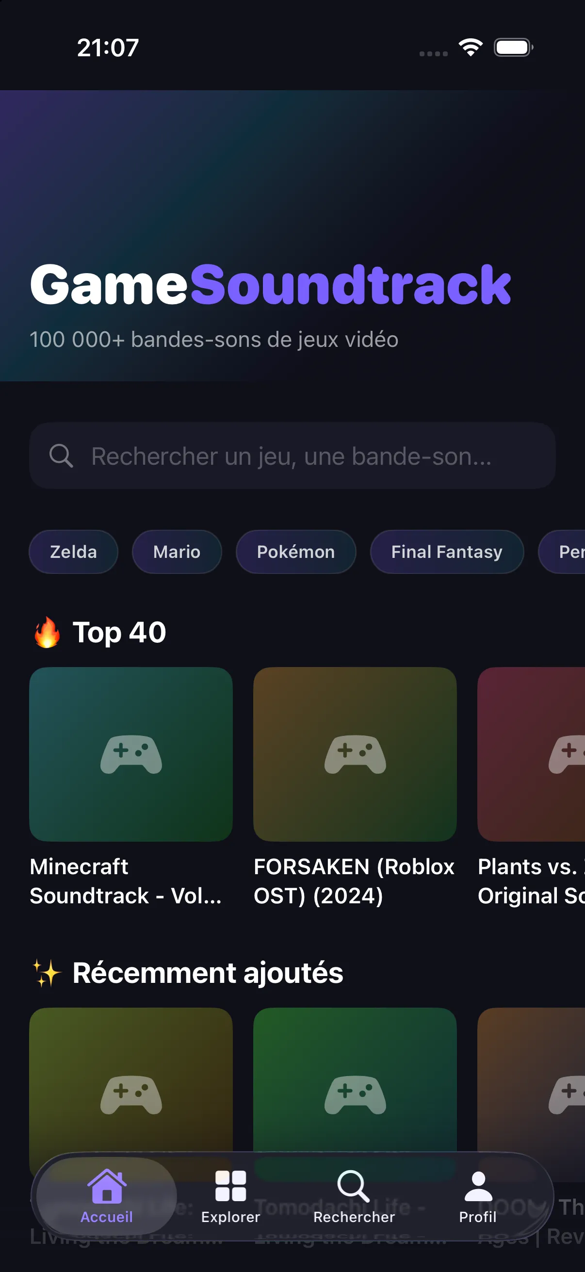 Écran d’accueil : recherche, catégories et Top 40.