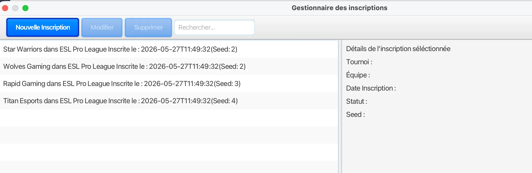Gestionnaire des inscriptions des équipes à un tournoi.