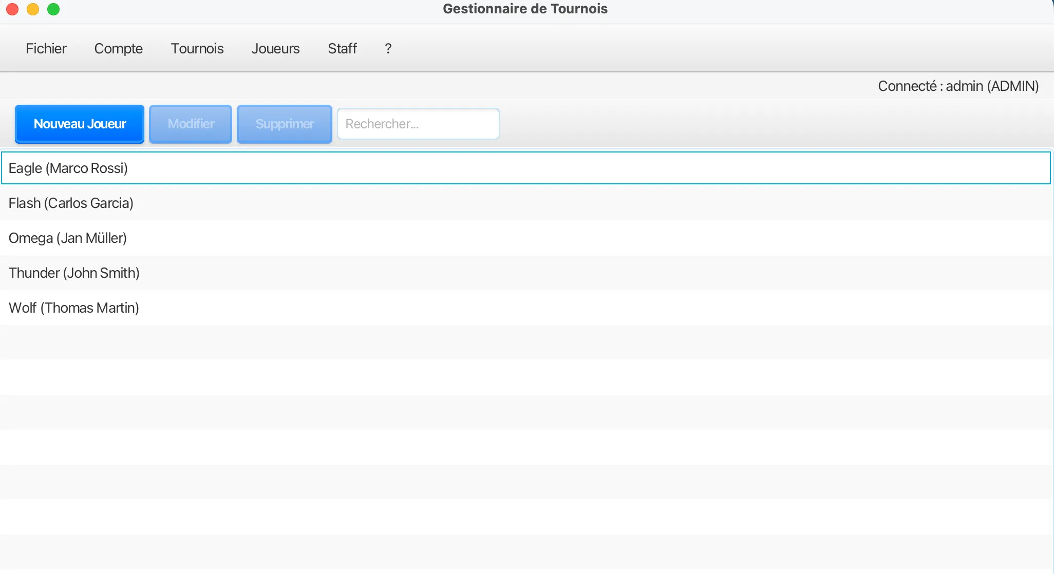 Liste des joueurs avec recherche et actions de gestion.