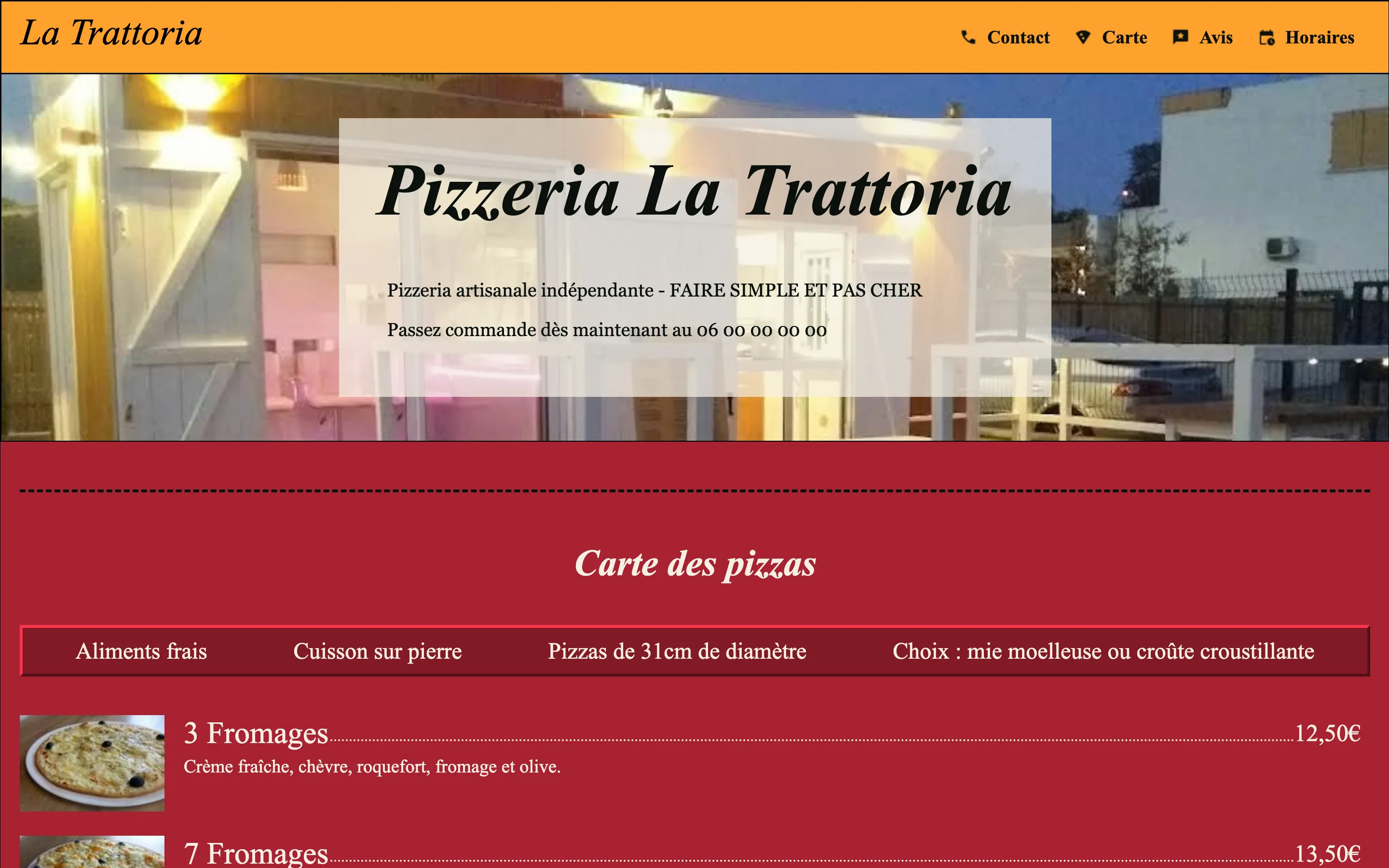 Page d’accueil du site La Trattoria.