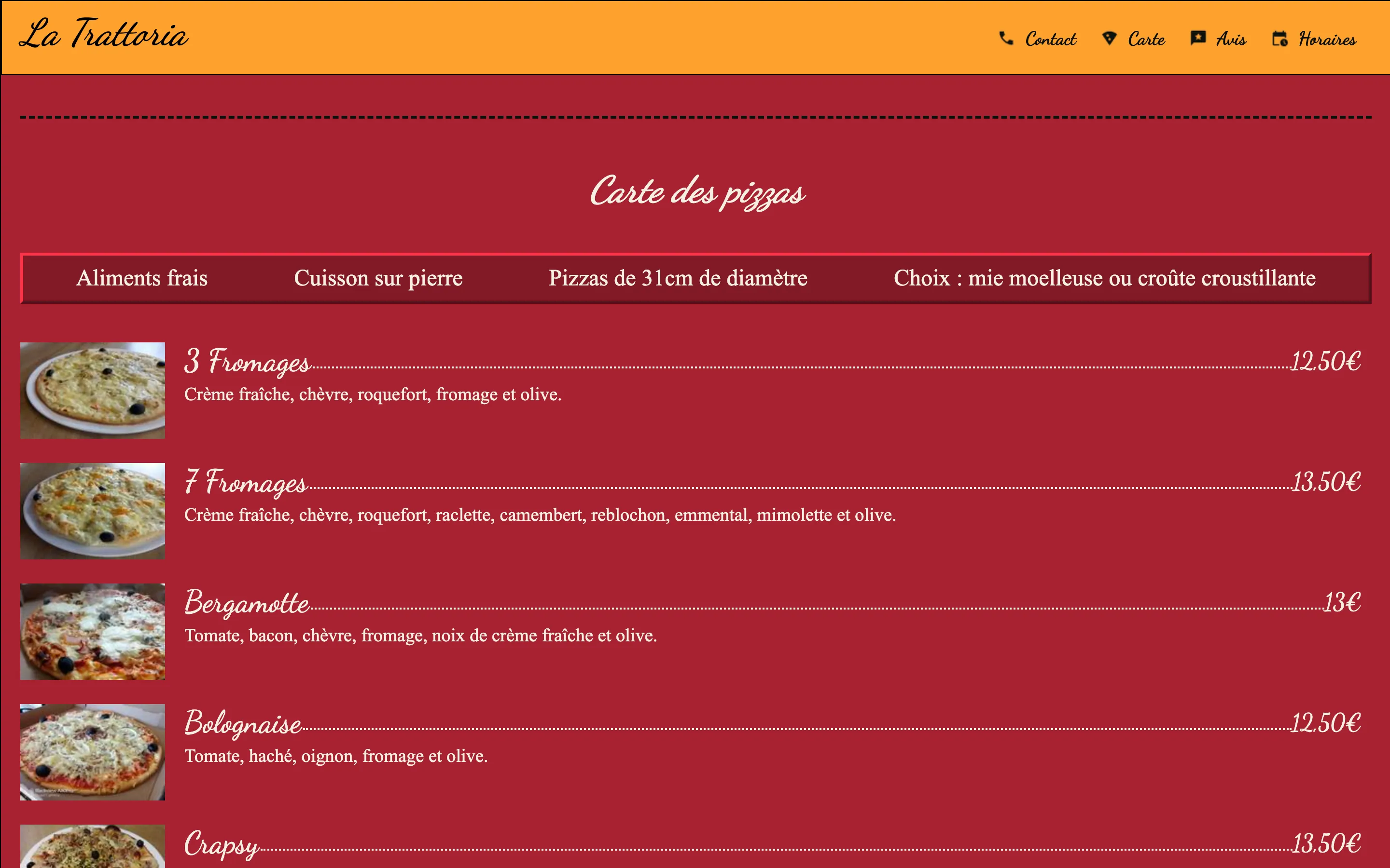 Carte des pizzas.